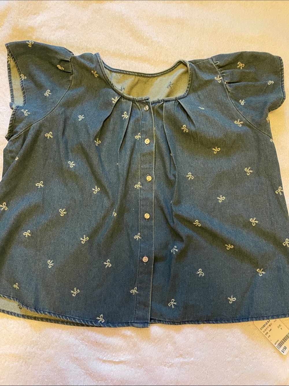 Blue Denim Button-Front Top with Embroidered Bows